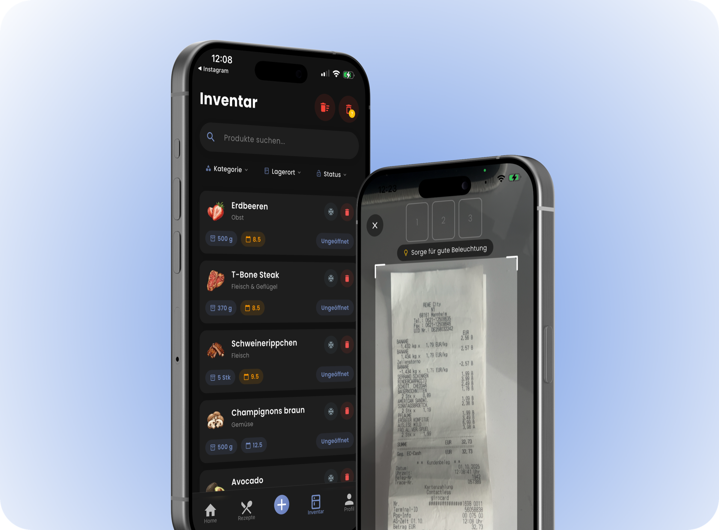 Mealyo Inventar und Bonscan im iPhone