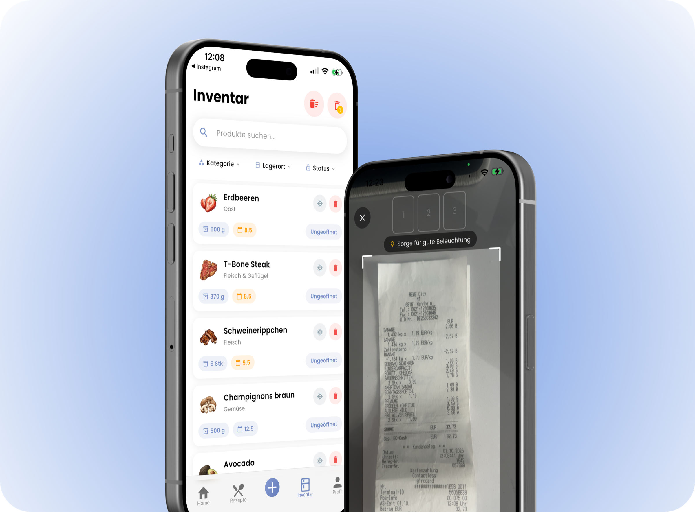 Mealyo Inventar und Bonscan im iPhone