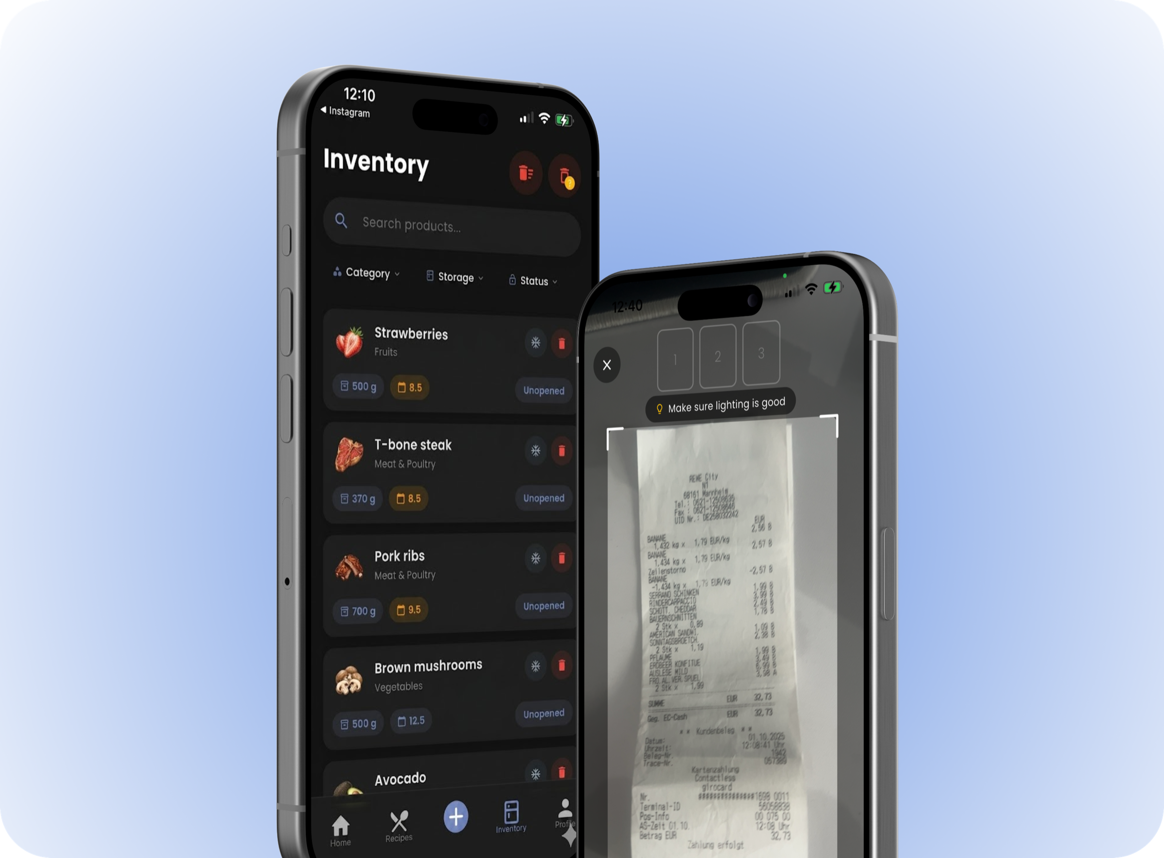 Mealyo Inventar und Bonscan im iPhone