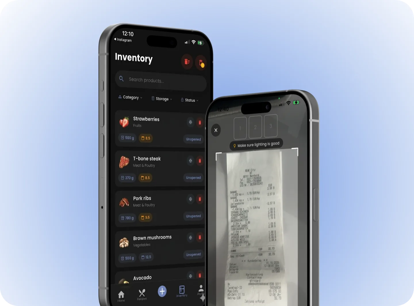 Mealyo Inventar und Bonscan im iPhone