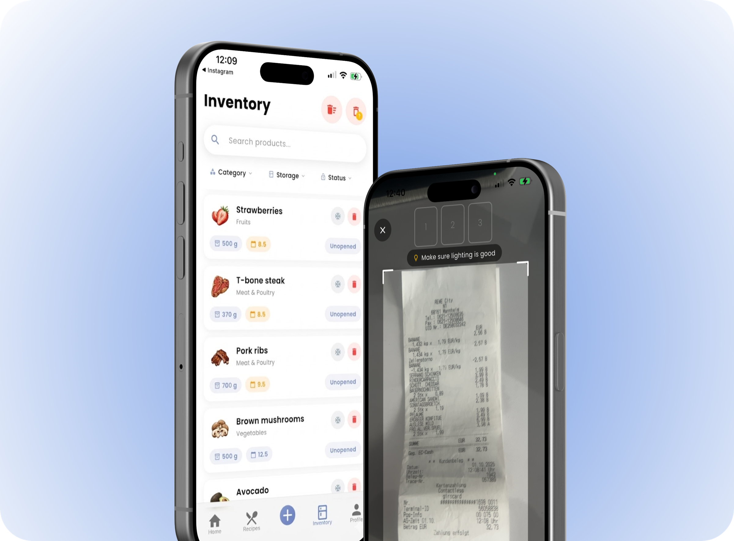 Mealyo Inventar und Bonscan im iPhone