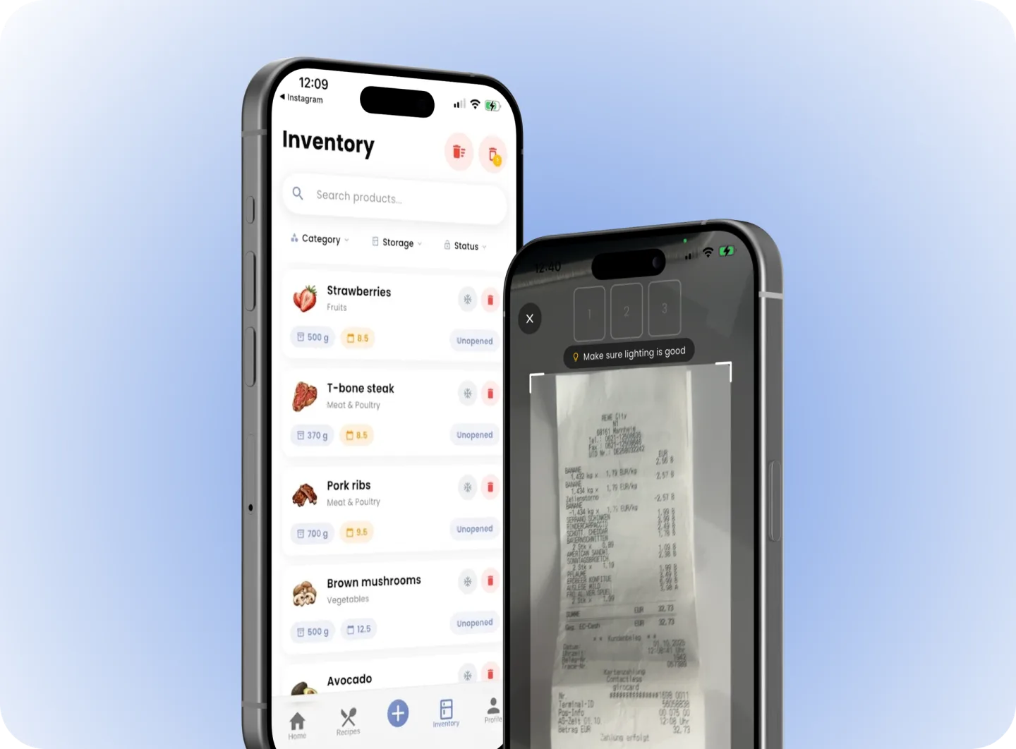 Mealyo Inventar und Bonscan im iPhone