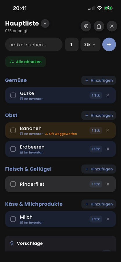 Mealyo Einkaufsliste