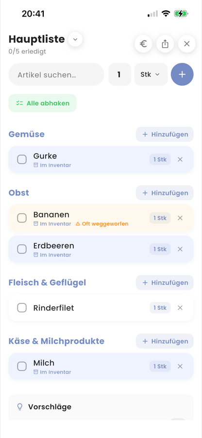 Mealyo Einkaufsliste