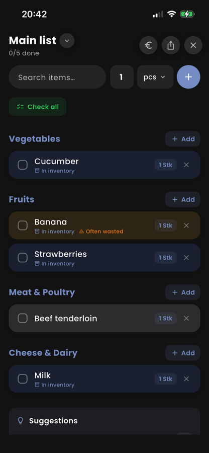 Mealyo Einkaufsliste