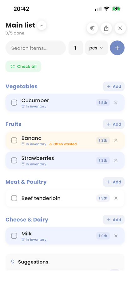 Mealyo Einkaufsliste